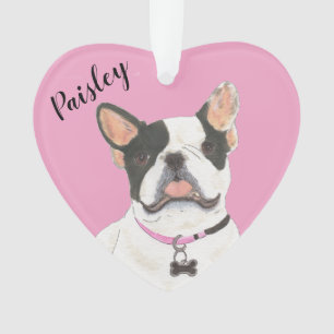 Personalized Pink Heart Black White Pied Frenchie Ornament