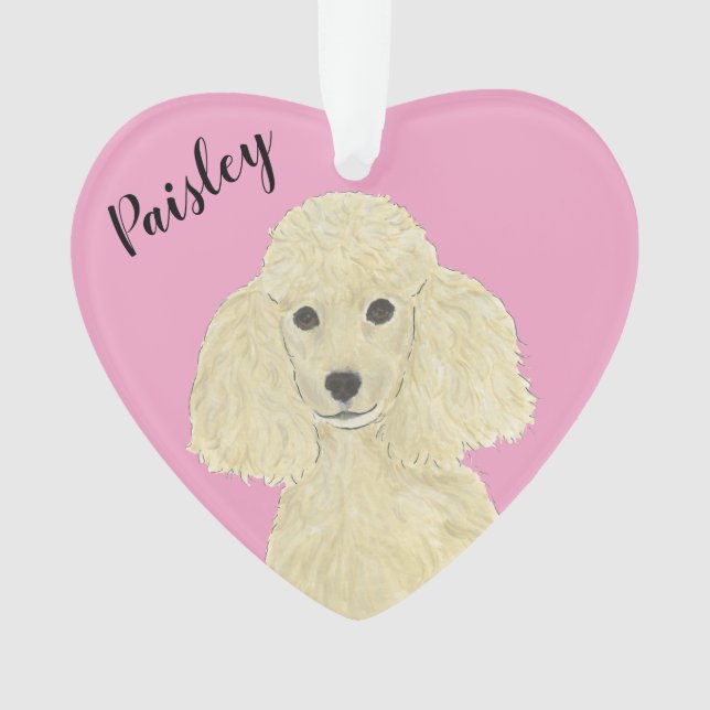Personalized Pink Heart Blonde Tan Golden Poodle Ornament (Front)