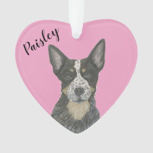 Personalized Pink Heart Blue Cattledog Heeler Ornament