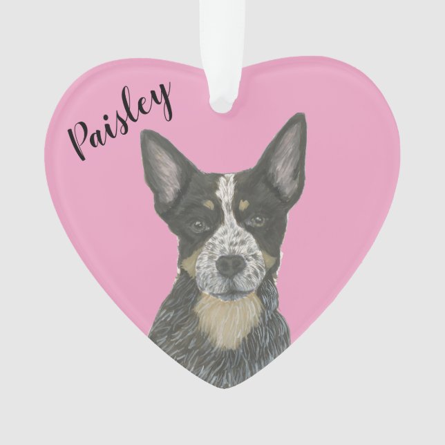 Personalized Pink Heart Blue Cattledog Heeler Ornament (Front)