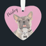 Personalized Pink Heart Blue Fawn Tricolo Frenchie Ornament<br><div class="desc">I am in love with this beautifully detailed watercolor illustration of a blue fawn tricolor frenchie or french bulldog on a sweet pink heart! Personalize these pastel ornaments and make the nice list this year! For the perfect presents, pair it with a matching item from the collection for a thoughtful...</div>