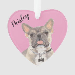 Personalized Pink Heart Blue Fawn Tricolo Frenchie Ornament