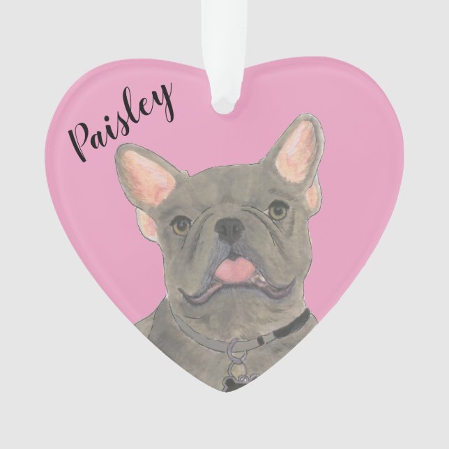 Personalized Pink Heart Blue Frenchie Ornament (Front)