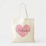 Personalized pink heart bridesmaid tote bags<br><div class="desc">Personalized pink heart bridesmaid tote bags. Beautiful vintage weather look design with elegant script text and custom name. Make one with name of bridesmaids,  flower girl,  maid of honour,  matron of honour,  mother of the bride etc. Cute design for wedding party,  bridal party or bachelorrette parties. Pastel pink colour.</div>