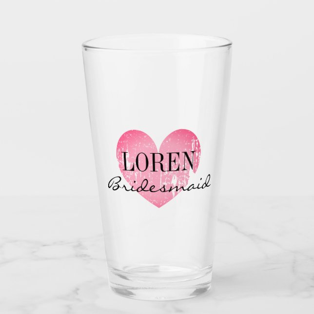 Personalized pink heart bridesmaid wedding favour glass (Front)