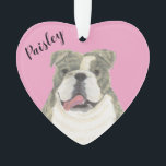 Personalized Pink Heart Brindle English Bulldog Ornament<br><div class="desc">I am in love with this beautifully detailed watercolor illustration of a brindle an white english bulldog on a sweet pink heart! Personalize these pastel ornaments and make the nice list this year! For the perfect presents, pair it with a matching item from the collection for a thoughtful housewarming, bridal...</div>