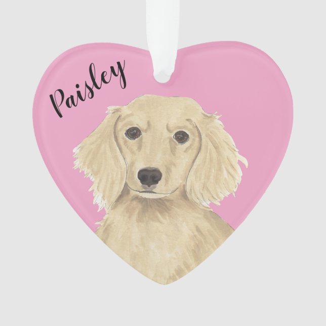 Personalized Pink Heart English Cream Dachshund Ornament (Front)