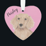 Personalized Pink Heart English Red Dachshund Ornament<br><div class="desc">I am in love with this beautifully detailed watercolor illustration of an english long haired red dachshund on a sweet pink heart! Personalize these pastel ornaments and make the nice list this year! For the perfect presents, pair it with a matching item from the collection for a thoughtful housewarming, bridal...</div>