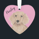 Personalized Pink Heart English Red Dachshund Ornament<br><div class="desc">I am in love with this beautifully detailed watercolor illustration of an english long haired red dachshund on a sweet pink heart! Personalize these pastel ornaments and make the nice list this year! For the perfect presents, pair it with a matching item from the collection for a thoughtful housewarming, bridal...</div>