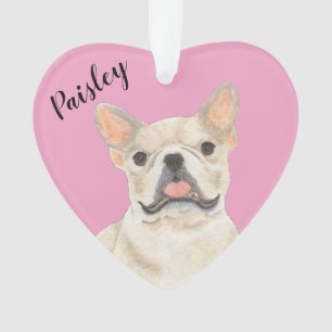Personalized Pink Heart Fawn Tan Cream Frenchie Ornament