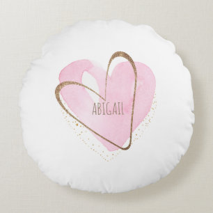Personalized Pink Heart Glam White Girl's Round Pillow