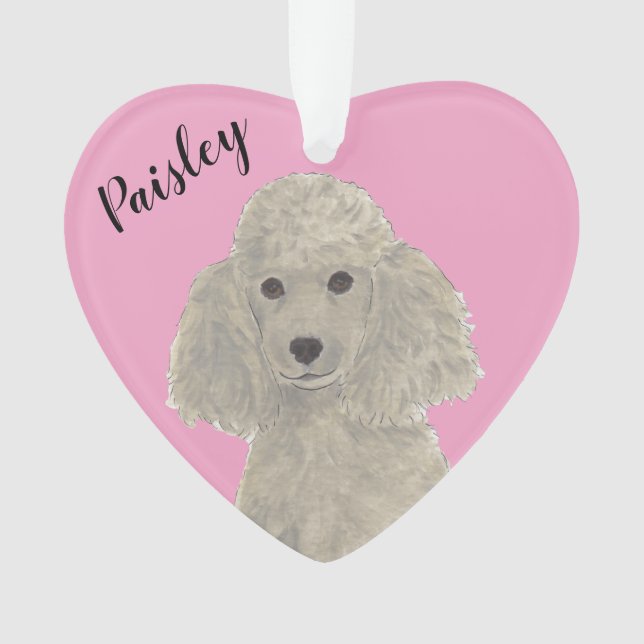 Personalized Pink Heart Grey Silver Poodle Ornament (Front)