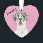 Personalized Pink Heart Harlequin Great Dane Ornament<br><div class="desc">I am in love with this beautifully detailed watercolor illustration of a harlequin great dane dog! Personalize these reversible ornaments and make the nice list this year! Shop the rest of my collection for the sweetest housewarming, bridal shower, teacher, mother-in-law, husband, boyfriend, secret santa, sympathy, or tough-to-shop-for gifts! To see...</div>