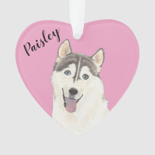 Personalized Pink Heart Husky Ornament