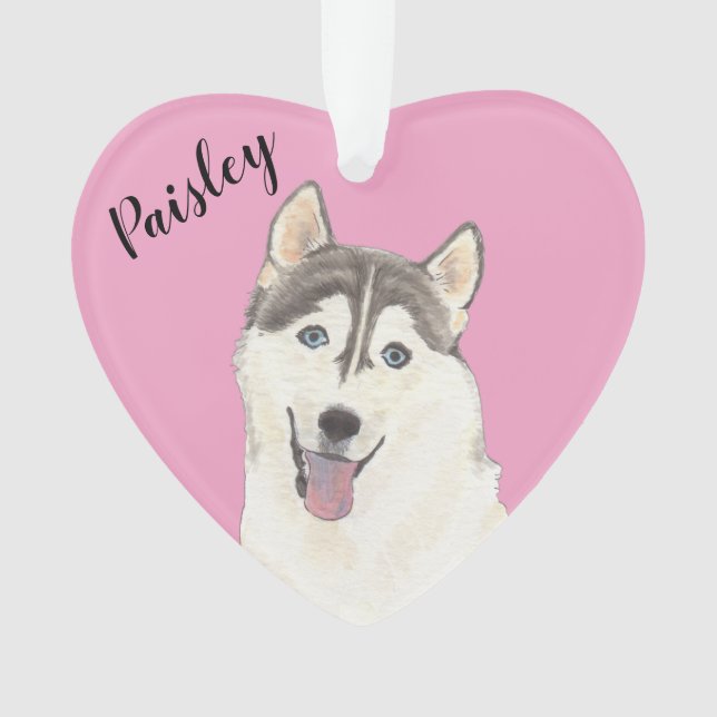 Personalized Pink Heart Husky Ornament (Front)