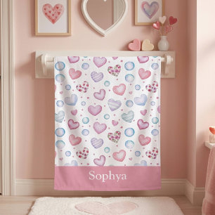 Personalized Pink Heart Kids Bath Towel