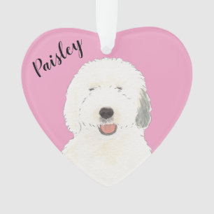 Personalized Pink Heart Old English Sheepdog Ornament