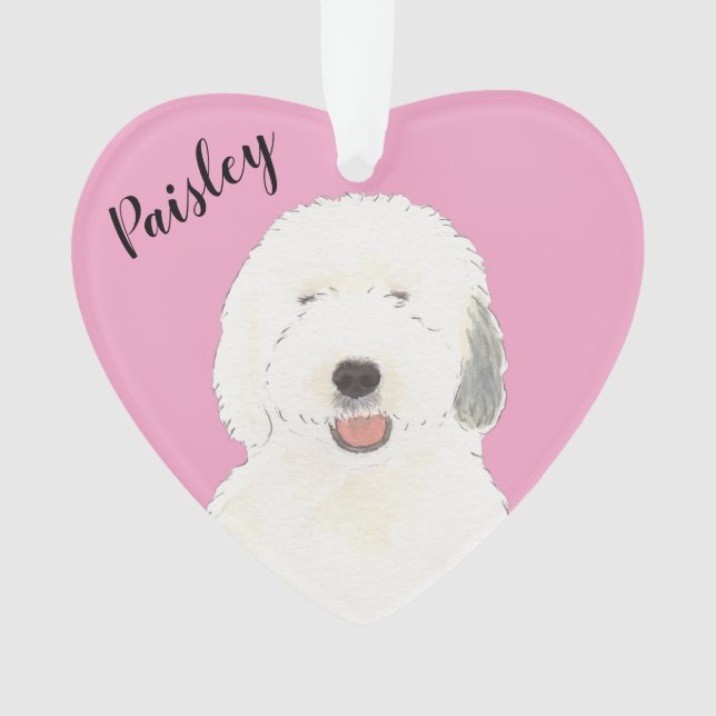 Personalized Pink Heart Old English Sheepdog Ornament (Front)