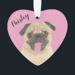 Personalized Pink Heart Pug Ornament<br><div class="desc">I am in love with this beautifully detailed watercolor illustration of a pug dog on a sweet pink heart! Personalize these pastel ornaments and make the nice list this year! For the perfect presents, pair it with a matching item from the collection for a thoughtful housewarming, bridal shower, teacher, mother-in-law,...</div>