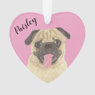 Personalized Pink Heart Pug Ornament