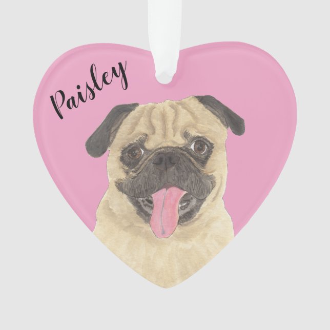 Personalized Pink Heart Pug Ornament (Front)