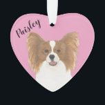 Personalized Pink Heart Red and White Papillon Ornament<br><div class="desc">I am in love with this beautifully detailed watercolor illustration of a red and white papillon dog on a sweet pink heart! Personalize these pastel ornaments and make the nice list this year! For the perfect presents, pair it with a matching item from the collection for a thoughtful housewarming, bridal...</div>