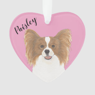 Personalized Pink Heart Red and White Papillon Ornament