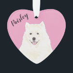 Personalized Pink Heart Samoyed Eskimo Dog Ornament<br><div class="desc">I am in love with this beautifully detailed watercolor illustration of a tricolor samoyed or american eskimo on a sweet pink heart! Personalize these pastel ornaments and make the nice list this year! For the perfect presents, pair it with a matching item from the collection for a thoughtful housewarming, bridal...</div>