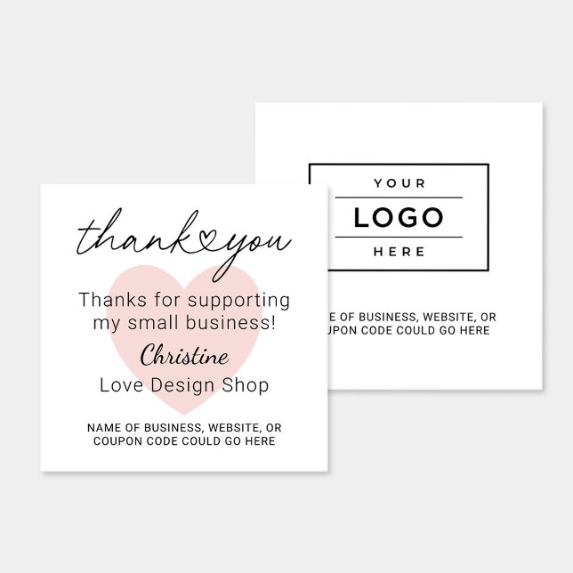 Personalized Pink Heart Small Business Thank You Square Business Card (Creator Uploaded)