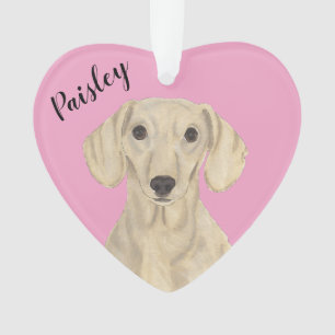 Personalized Pink Heart Smooth Cream Dachshund Ornament