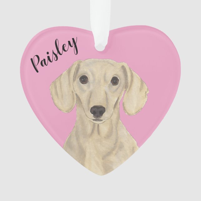 Personalized Pink Heart Smooth Cream Dachshund Ornament (Front)