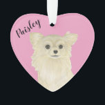 Personalized Pink Heart Tan Long Haired Chihuahua Ornament<br><div class="desc">I am in love with this beautifully detailed watercolor illustration of a fawn, tan, or cream long haired applehead chihuahua dog! Personalize these reversible ornaments and make the nice list this year! Shop the rest of my collection for the sweetest housewarming, bridal shower, teacher, mother-in-law, husband, boyfriend, secret santa, sympathy,...</div>
