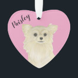 Personalized Pink Heart Tan Long Haired Chihuahua Ornament<br><div class="desc">I am in love with this beautifully detailed watercolor illustration of a fawn, tan, or cream long haired applehead chihuahua dog! Personalize these reversible ornaments and make the nice list this year! Shop the rest of my collection for the sweetest housewarming, bridal shower, teacher, mother-in-law, husband, boyfriend, secret santa, sympathy,...</div>