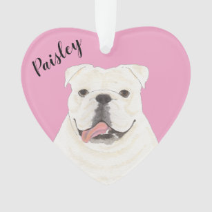 Personalized Pink Heart White English Bulldog Ornament