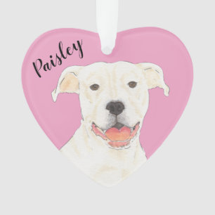 Personalized Pink Heart White Pitbull Staffy Ornament