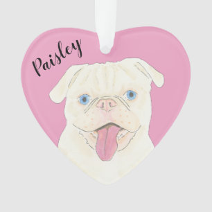 Personalized Pink Heart White Pug Ornament