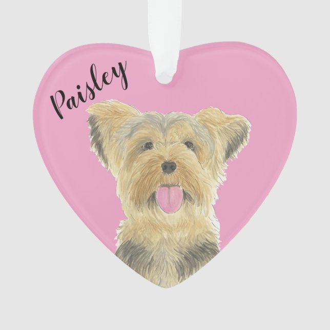 Personalized Pink Heart Yorkie Yorkshire Terrier Ornament (Front)