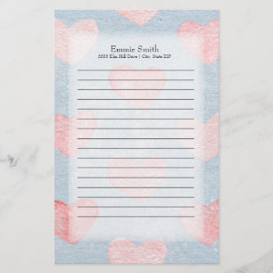 Personalized Pink Hearts on Blue Watercolor Stationery