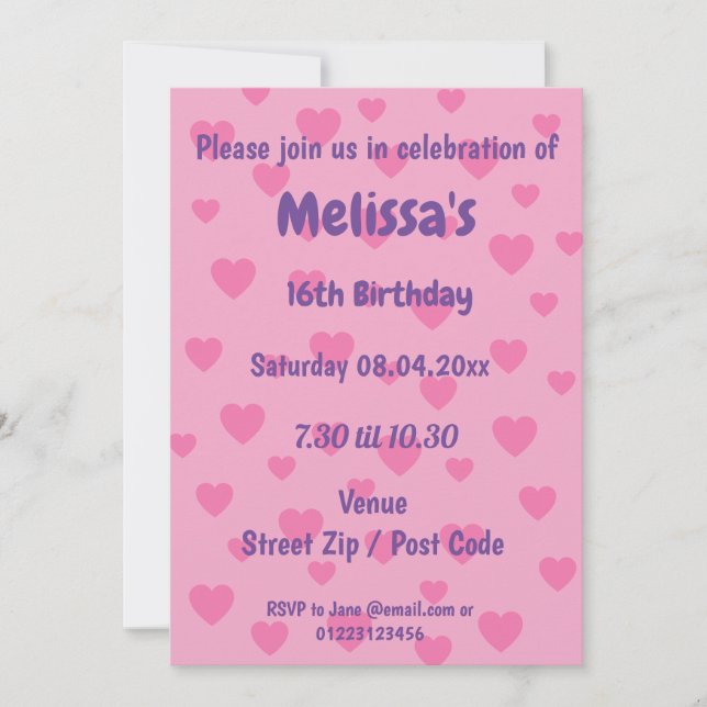 Personalized Pink Hearts Party Invitation (Front)