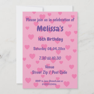 Personalized Pink Hearts Party Invitation
