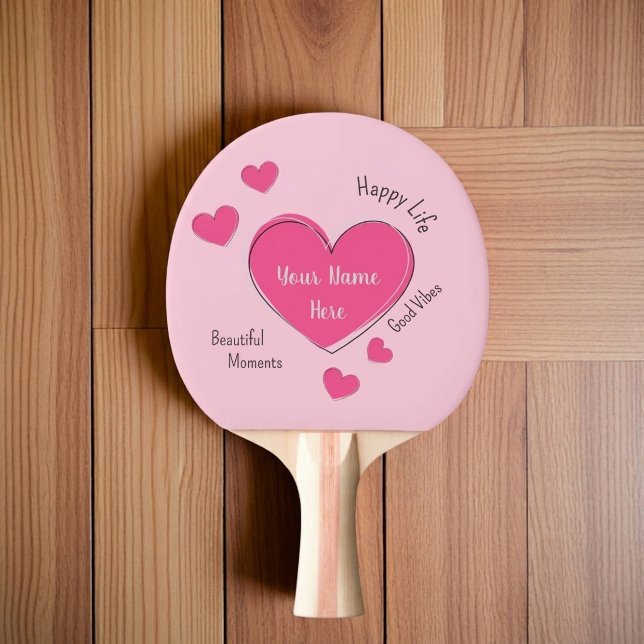 Personalized Pink Hearts Ping Pong Paddle (Fully customizable pink hearts ping pong paddle with editable text)