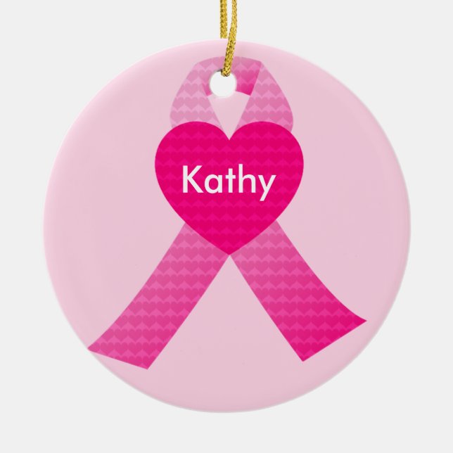 Personalized Pink Hearts Ribbon Breast Cancer Ceramic Ornament (Front)