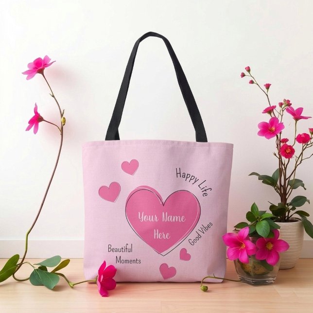 Personalized Pink Hearts Tote Bag (Fully customizable pink hearts tote bag with editable text)