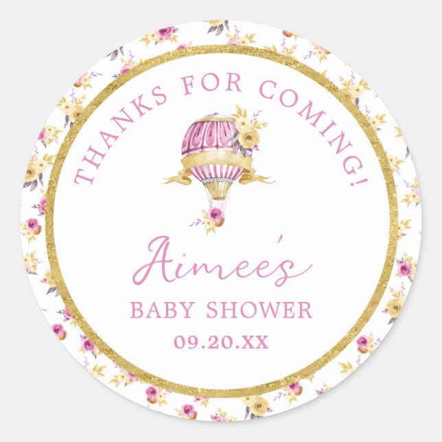 Personalized Pink Hot Air Balloon Baby Shower  Classic Round Sticker (Front)