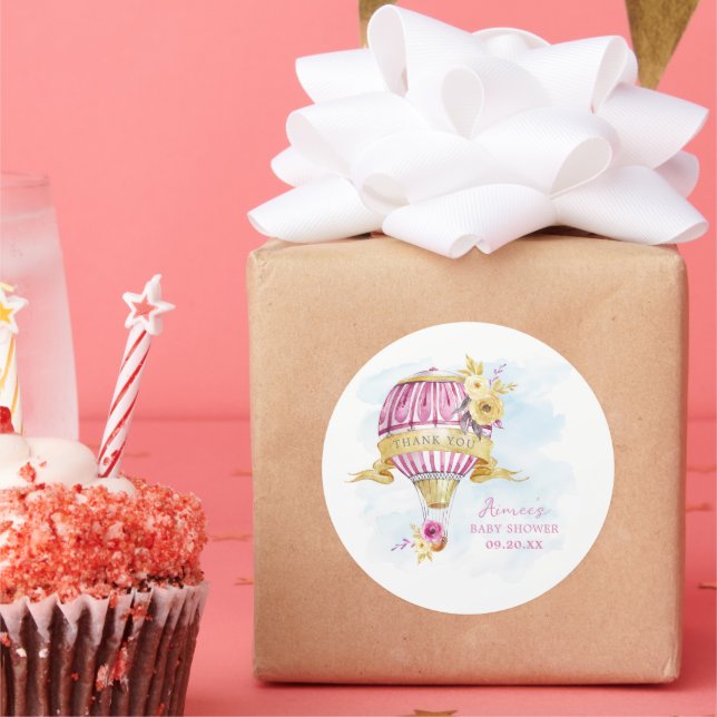 Personalized Pink Hot Air Balloon Baby Shower  Classic Round Sticker (Party)