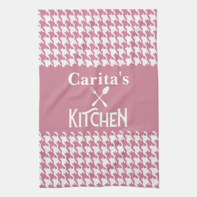 Personalized Pink Houndstooth Kitchen Towel (Vertical)