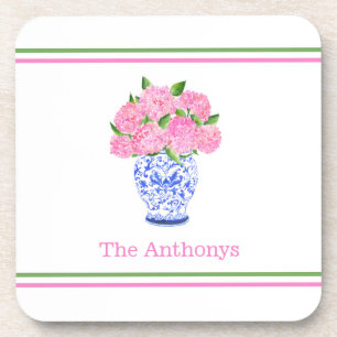 Personalized Pink Hydrangea Chinoiserie Striped Coaster