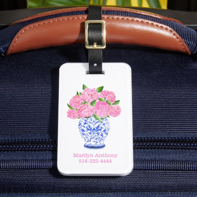 Personalized Pink Hydrangea Chinoiserie Vase Luggage Tag (Front Insitu 2)