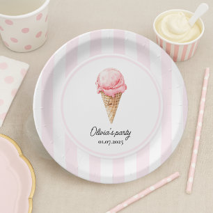 Personalized Pink Ice Cream Cone Birthday Paper Plate