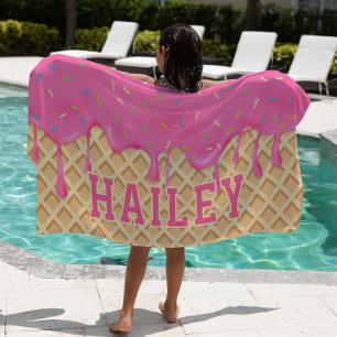 Personalized Pink Ice Cream Drip Beach Towel